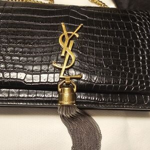 Saint Laurent Black Croc Clutch with Gold Accents